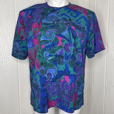 Vintage JG Collection Petite Blouse 8 Teal Pink Blue 1980 s S/S Padded Shoulders