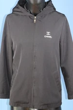 Vintage Chanel Boutique Hooded Jacket Black Zip CC Logo FR 50 US L Chest 40"
