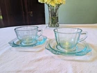 Vintage Indiana Glass Federal Madrid Recollection Teal Aqua Cups & Saucers (2)