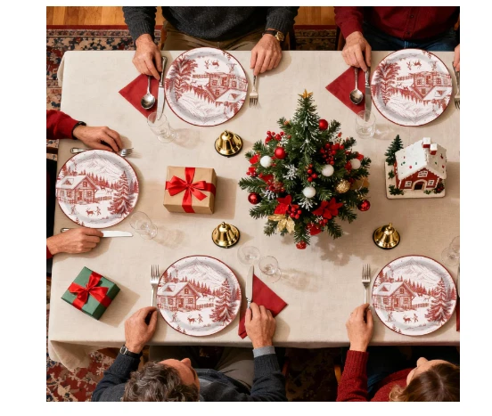 50 Piezas Platos de Papel de Navidad 10", Rojo Toile Vintage Winter Village Resistente Foto 4 de 4