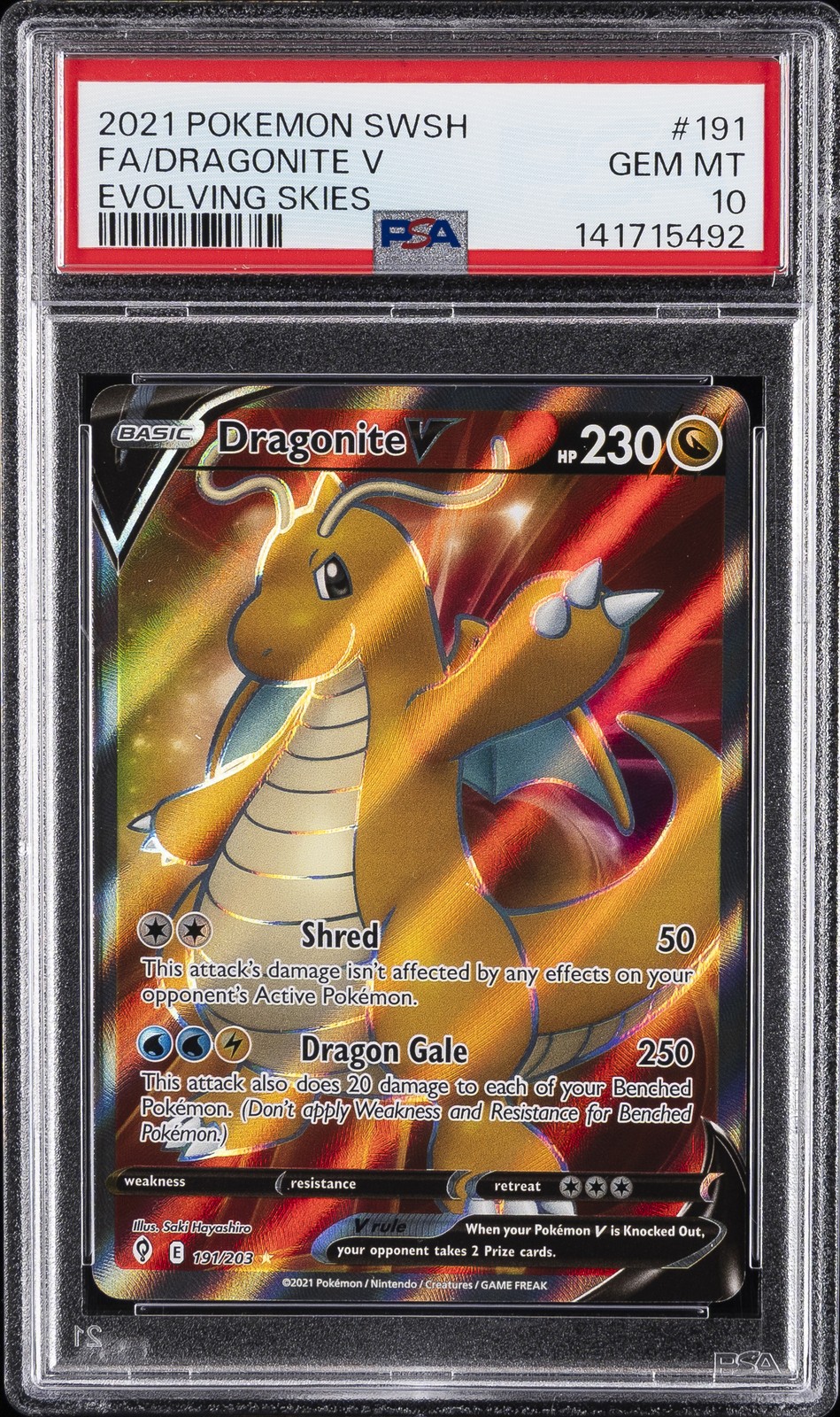 2021 POKEMON SWORD & SHIELD EVOLVING SKIES #191 FULL ART/DRAGONITE V PSA 10