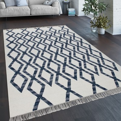 Teppich Wohnzimmer Boho Stil Fransen Handgewebt Woll-Baumwoll Gemisch Blau