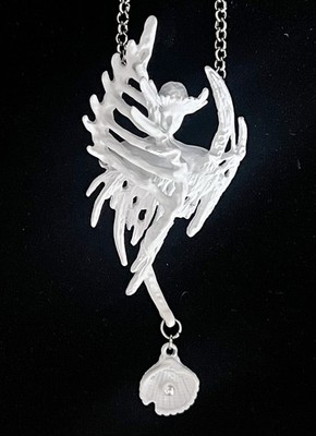 Angel Necklace Art Nouveau White Enamel Ethereal Goddess 4  Pendant