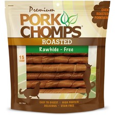 Roasted Pork Skin Dog Chews, 6 Inch Twists, 15 Count LongLasting Treats for ...