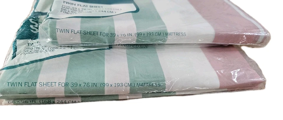 Vintage Twin Flat Sheet Striped Pastel Pink Green White x 2 Retro  - Image 3 of 4