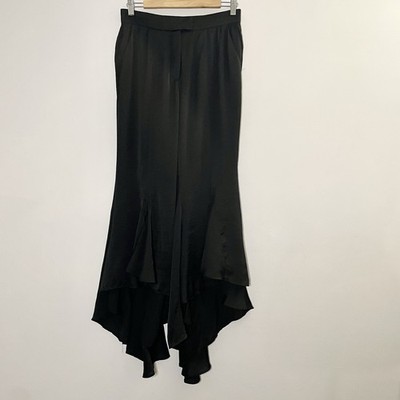 Lucille by Oblique Creations Made in Italy Black Satin Asymmetric Wide Leg Pants