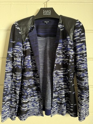 Misook Women s Blue Black Knit Jacket XS Open Front Faux Leather Trim