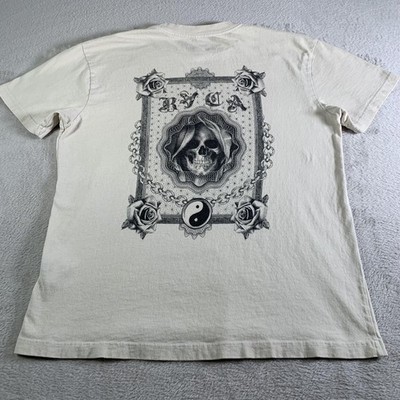 RVCA Shirt Mens M Beige Skull Rose Yin Yang Back Graphic Tee Gothic Grim Reaper