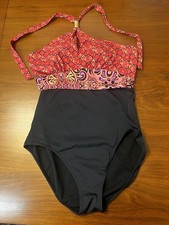 Jantzen Women's One-Piece Halter Swimsuit Size 14 D Cup Black Red Pink Geometric