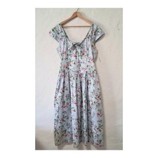 Vintage 90s Cottagecore Floral Dress M Blue Cotton Coquette Fairy V-Waist Midi