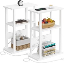 Narrow Side Table with Charging Station, 2 Set Skinny End Table for Small Spa...