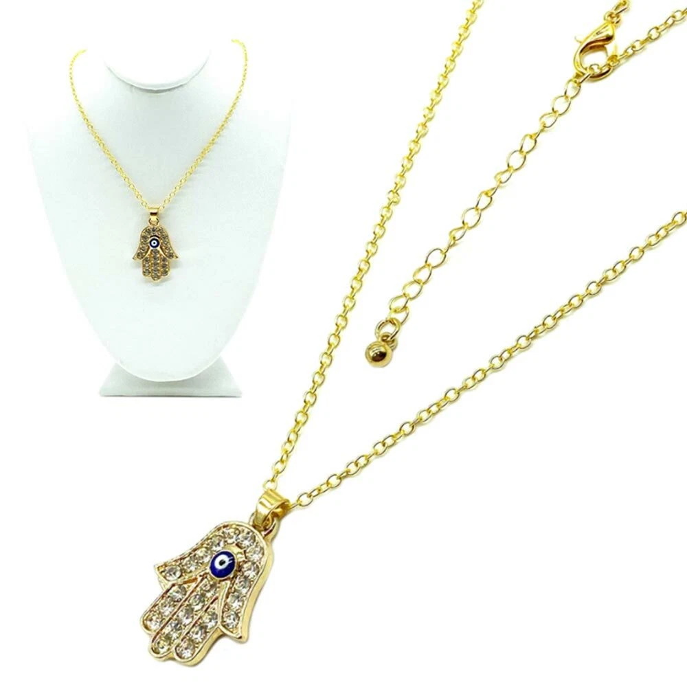 Dainty Fatima Hand Necklace Hamsa Gold Plated Crystals Evil Eye