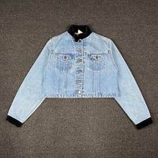Vintage 90s Lee Corduroy Collar Cropped Button Up Denim Jacket Size M USA Made