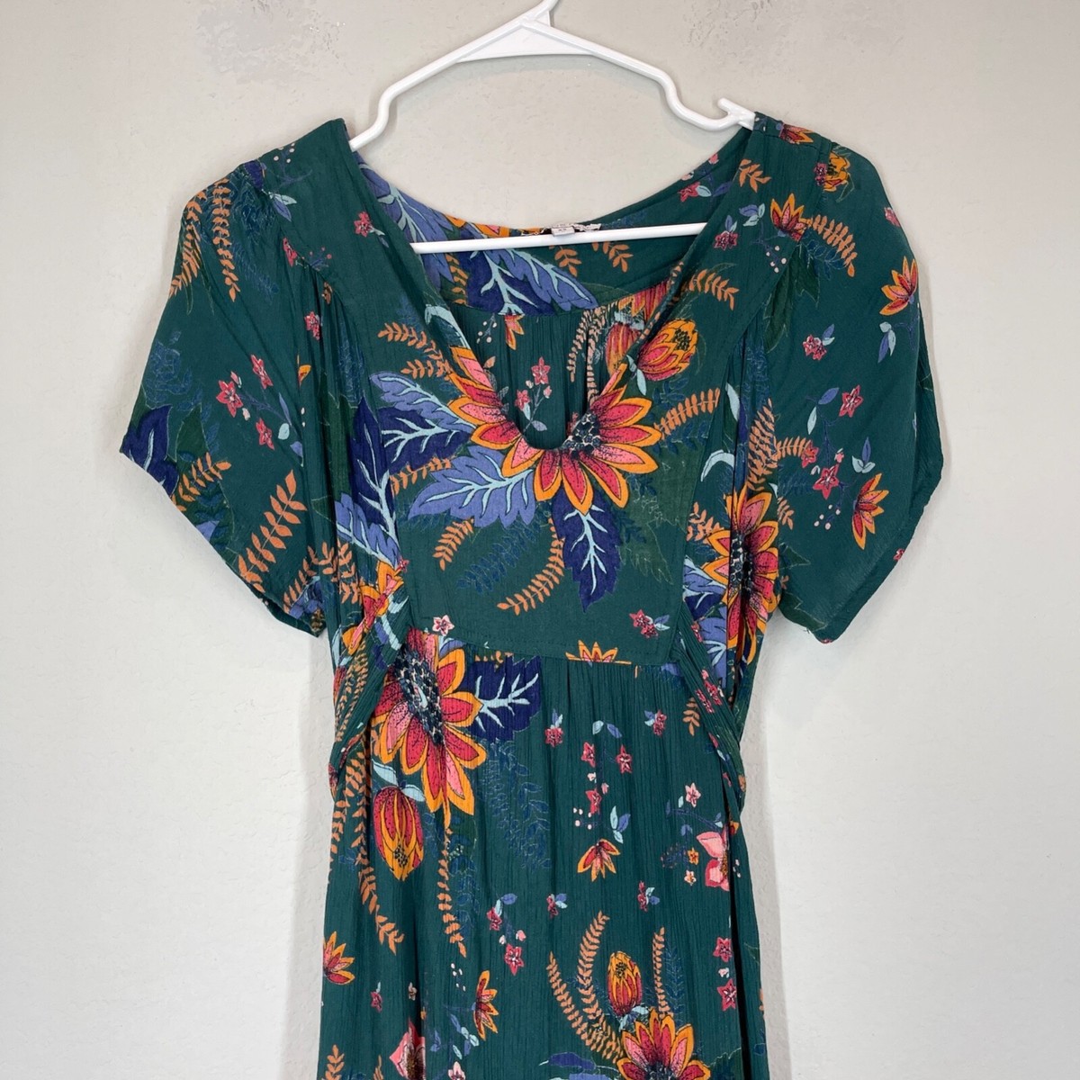 Patrons of Peace Maxi Dress Women's XS Floral Boho Green Short Sleeve with  Belt | eBay