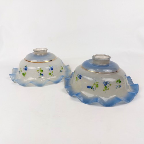 Set of 2 Antique Blue Glass Lamp Shades – Vintage Ruffled Pendant Light Covers - Picture 3 of 10