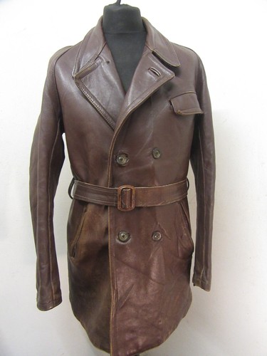 VINTAGE 60'S FRENCH LEATHER BARNSTORMER MOTORCYCLE TRENCH CAR JACKET SIZE M