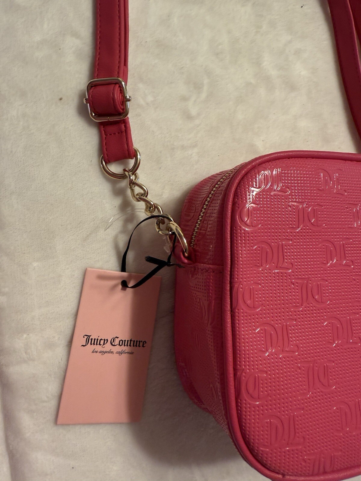 Juicy Couture Word Search Lipstick PinkCrossbody Camera Purse Bag Gold Chain image 10