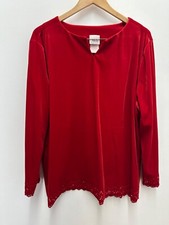 Melu VTG USA Made Womens 2x Blouse Red Velvet like Floral Diamond Long Sleeve