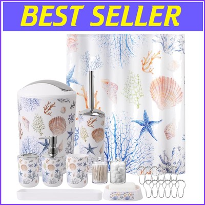 Durable 10-Piece Sea Shower Curtain and Bath Essentials Set - Easy to Maintain