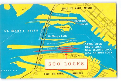 Postcard Soo Locks Map St. Marys River Sault Ste. Marie Michigan Ontario