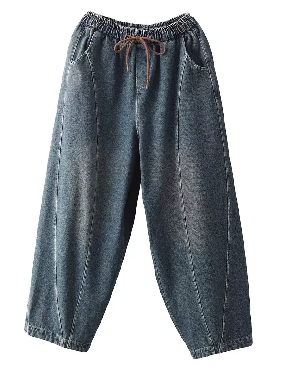 Women's Chambray Drawstring Elastic Waist Lightweight Denim Baggy Pants  with Side & Back Pockets 