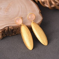 Father Design Rose Chalcedony Gemstone 925 Silver Gold Plated Dangle Earrings