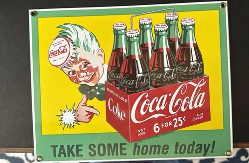 Vintage Coke Coca-Cola "Take Some Home Today!" advertising sign porcelain