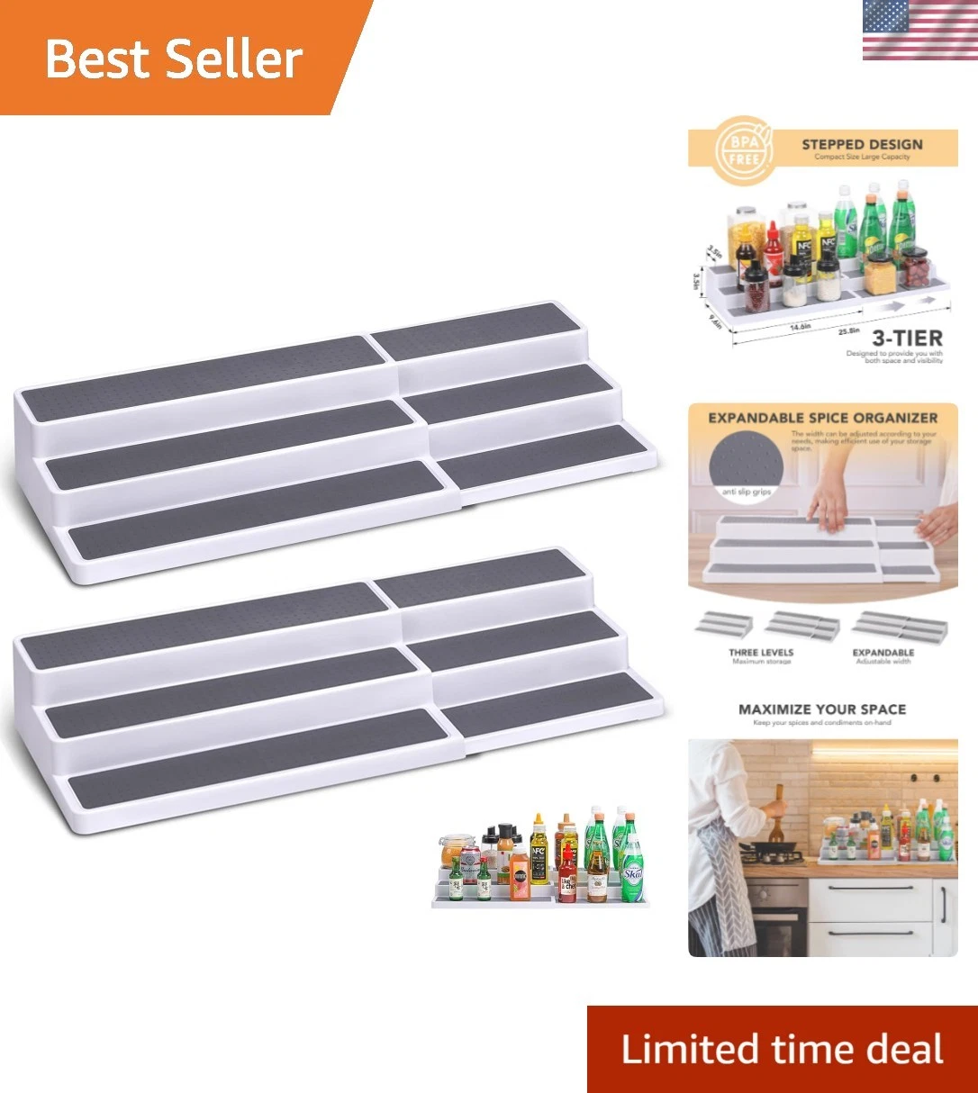 3 Tier Expandable Spice Rack Organizer, White/Grey Plastic Spice Rack, Adjust...