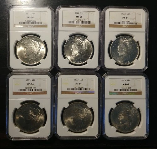 Lot of SIX Silver Peace Dollars (3) 1922 & (3) 1923 All NGC Certified MS64