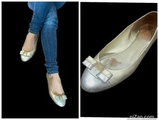 Vintage Ferragamo Ballet Flats 10 Vara Gold Silver Saffiano Leather Metallic Bow