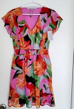 Collective Concepts Dress Womens M Pink Floral Open Shoulder Short