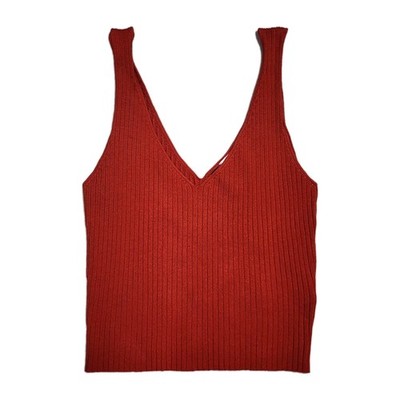 H&M Divided S Orange Coral Ribbed Knit Tank Top Deep V Neck Sleeveless Stretch