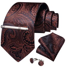 Brown Paisley Necktie Mens Tie  Hankie  Cufflinks  Tie Pin Set Gift Event