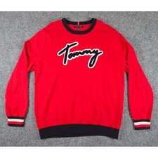 Tommy Hilfiger Mens Red Script Logo Crewneck Sweater XXL Pullover Knit Striped