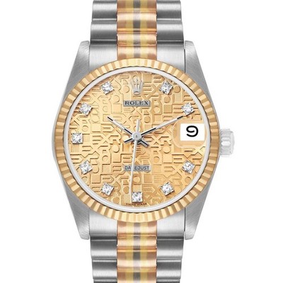 Rolex President Midsize Tridor White Yellow Rose Gold Diamond Ladies Watch 68279
