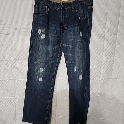 Basic Code Mens Dark Wash Distressed  Denim Jeans Baggy 38x32