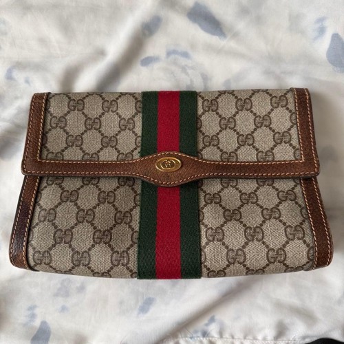 GUCCI Vintage Sherry Linge GG Clutch Hand Bag Beige PVC Used Women From Japan