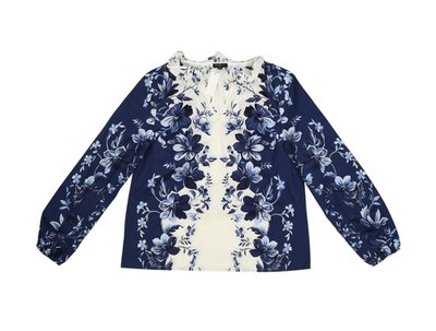 Talbots Blouse Womens Petite PS Blue Floral Ruffle V Neck Long Sleeve Top
