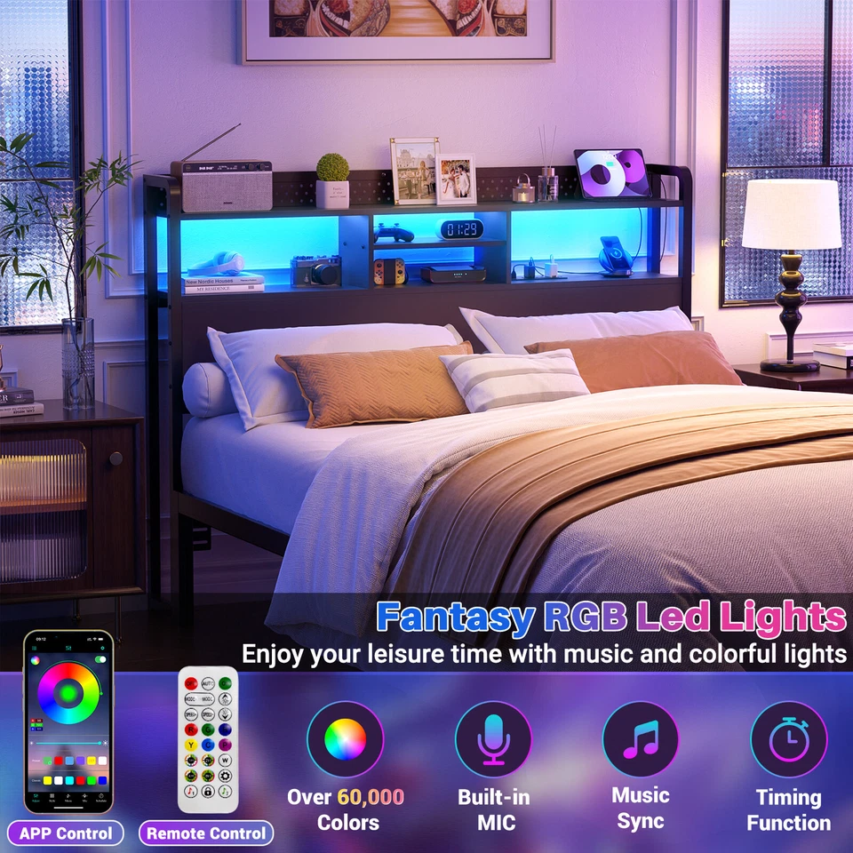 Headboard for King/Queen/Full Size Bed with Storage Shelf & Outlets & RGB Light - Image 2 of 4