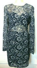 Womens Express Navy Dress M Lacy Lined Long Sleeve Sheer At Neckline and Waist