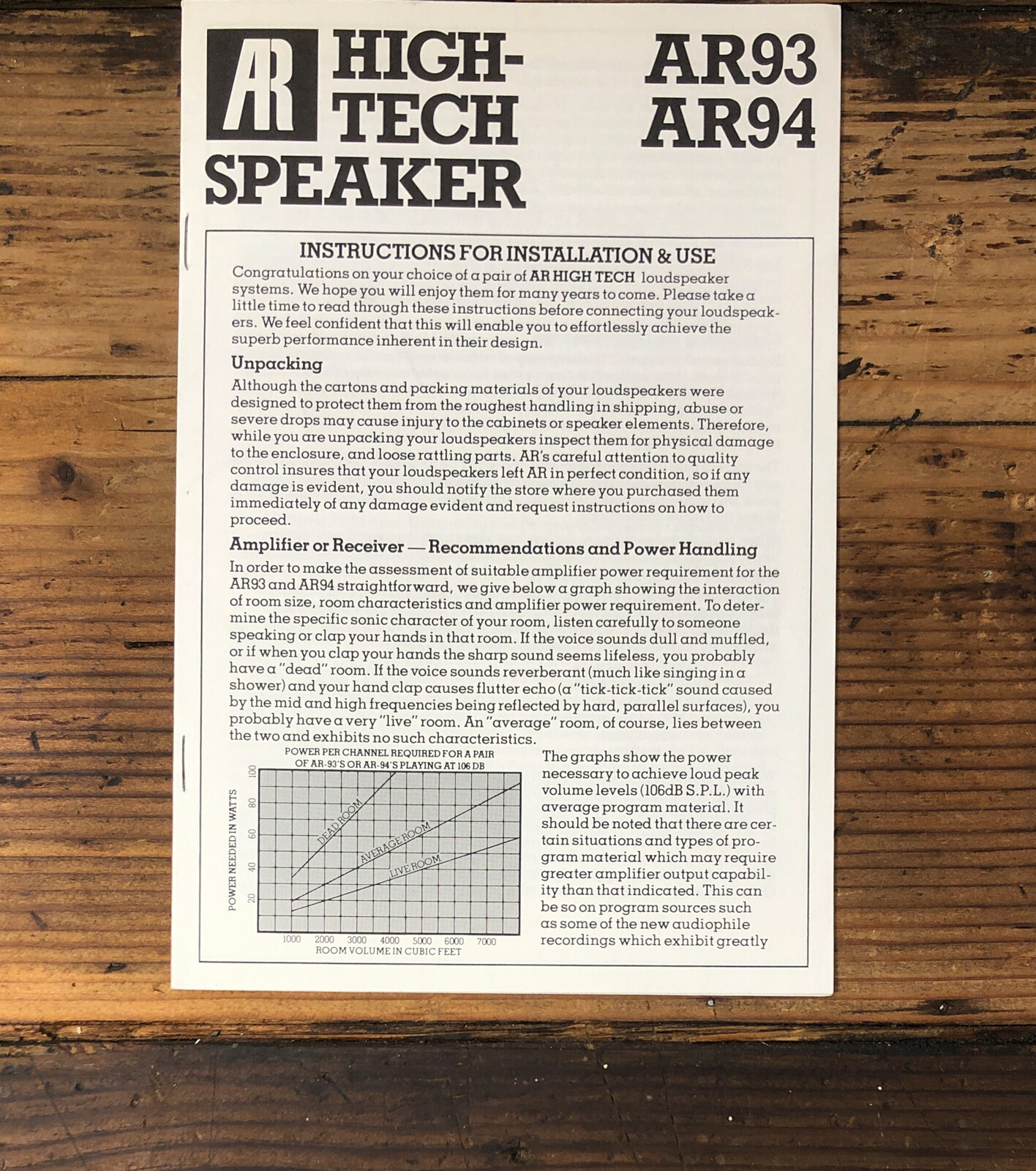 Acoustic Research AR93 AR94 Speaker  Owner / User Manual *Original*