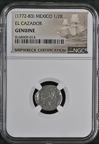 1772-1783 Mexico 1/2 Real El Cazador Silver Shipwreck Coin NGC Graded #014