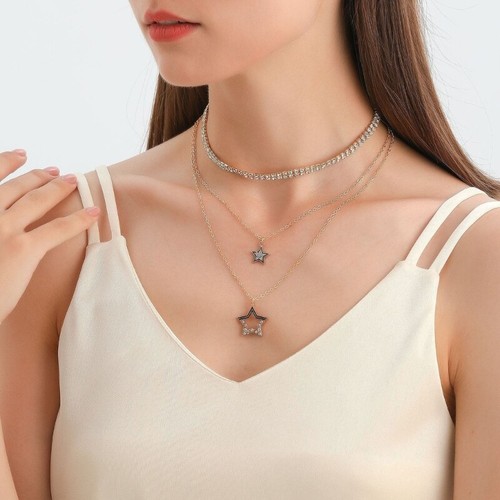 Retro Multi-layer Micro-Inlaid Diamonds Claw Chain Five-Pointed Star Necklace - Picture 6 of 8
