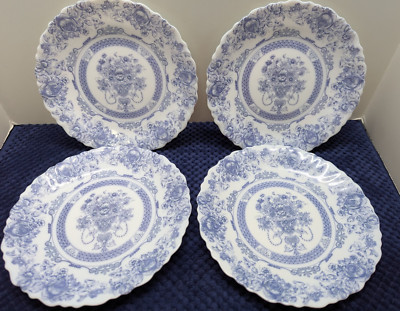 4  Arcopal France Honorine Tempered Milk Glass Blue White 7 1/2'' SALAD PLATES