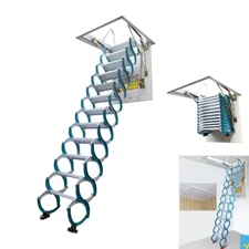 9.84Ft Blue-White Wall Mounted Folding Loft Ladder Stairs Attic Ceiling 600lbs