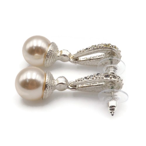 Silver Tone Crystal Rhinestone Faux Acrylic Pearl Dangle Drop Fashion Earrings - Picture 7 of 12