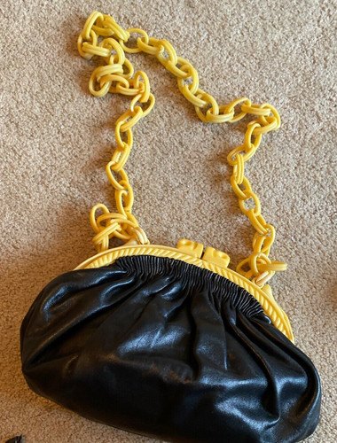 SALE ! Vintage Black Leather Handbag w/ Lucite Cream Chain & Frame w Kiss Clasp