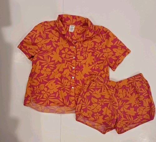 Land's End PJ Set Gr. M/L Hawiiaian Floral Kurzarm Top & Shorts 100% Baumwolle