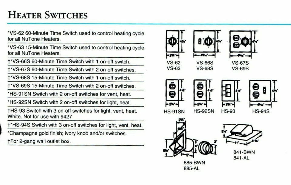 Interruptor dúplex con palanca eléctrica NuTone HEAT VENT SE ENVÍA SÚPER RÁPIDO NUEVO HS-91S Foto 4 de 4