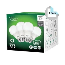 Euri Lighting EA19-6150-4 (4 Pack) Cool White LED Light Bulbs - 5000K, 9W=60W